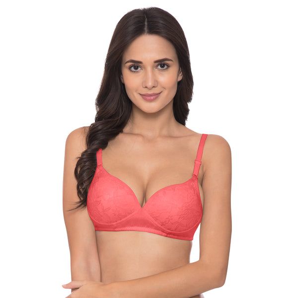 Komli Double Layered T-Shirt Bra - Full Coverage, Non-Wired, Non-Padded Multipart Cups, Back Open, Lace Trimmed
